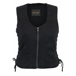 Daniel Smart Women's Black Denim Motorcycle Vest, V-Neck with Side Laces,